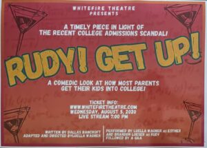 Flyer for Rudy Get Up! one-woman show, gold and white text on red background