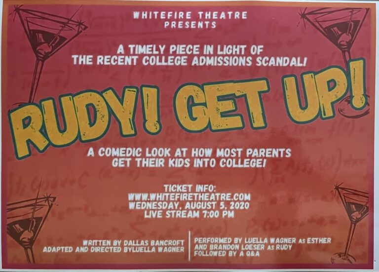Flyer for Rudy Get Up! one-woman show, gold and white text on red background