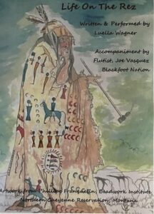 Flyer for Up to the Rez one-woman show, with abstract watercolor art depicting Native American and artifacts